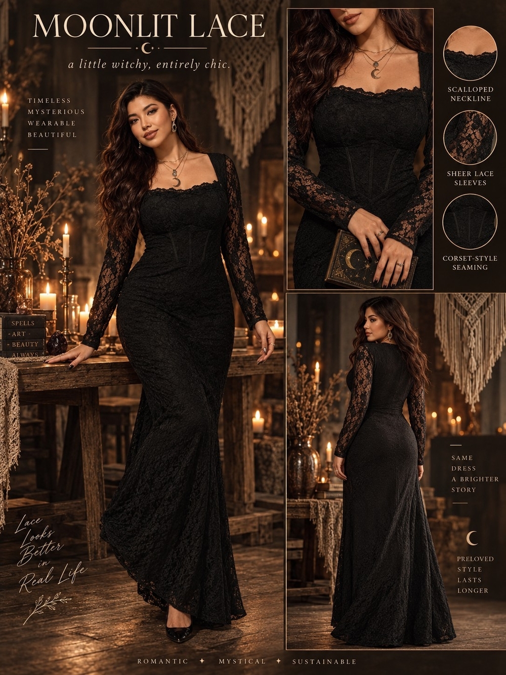 Auralis Curve Black Lace Long-Sleeve Mermaid Gown - Sz 14/1XL